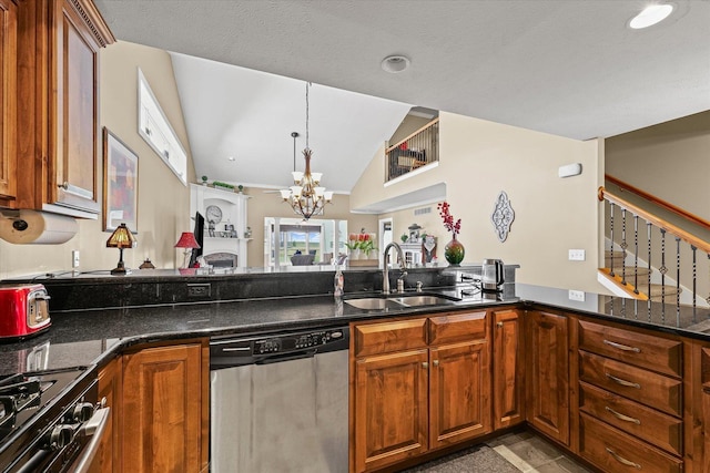 4537 Nicklaus Dr, Champaign, IL 61822 - kitchen featuring dishwasher, range with gas stovetop, a chandelier, brown cabinetry, and lofted ceiling