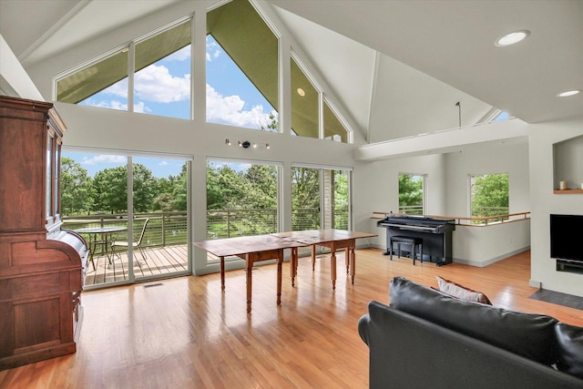 2405 Prairieridge Pl, Champaign, IL 61822 - living room with plenty of natural light, high vaulted ceiling, light wood-style flooring, recessed lighting, and a fireplace