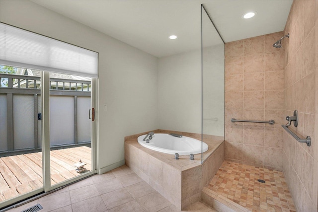 2405 Prairieridge Pl, Champaign, IL 61822 - full bathroom with a garden tub, tiled shower, tile patterned floors, and recessed lighting