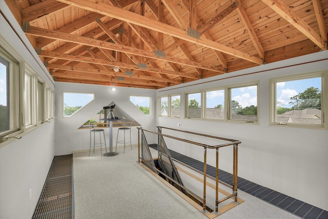 2405 Prairieridge Pl, Champaign, IL 61822 - corridor with a wooden ceiling with exposed beams, carpet floors, high vaulted ceiling, and an upstairs landing