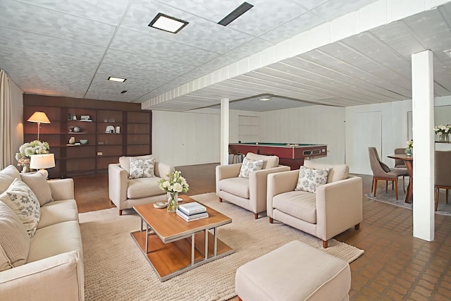 2114 Country Knoll Ln, Elgin, IL 60123 - living room featuring billiards table, wooden walls, and built in shelves