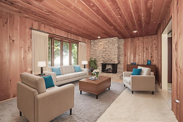 2114 Country Knoll Ln, Elgin, IL 60123 - living area with wood walls, wood ceiling, a stone fireplace, and carpet floors