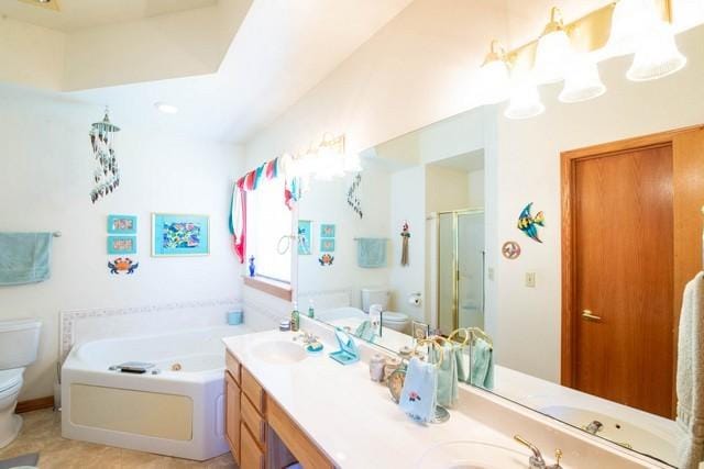 9000 226th Ct Unit 23B, Salem, WI 53168 - full bathroom featuring a tub with jets, a shower stall, and double vanity