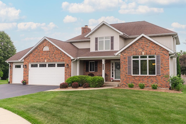 1132 Swanberg Ct, Sycamore, IL 60178 - traditional-style home with a front lawn, a chimney, a garage, brick siding, and asphalt driveway