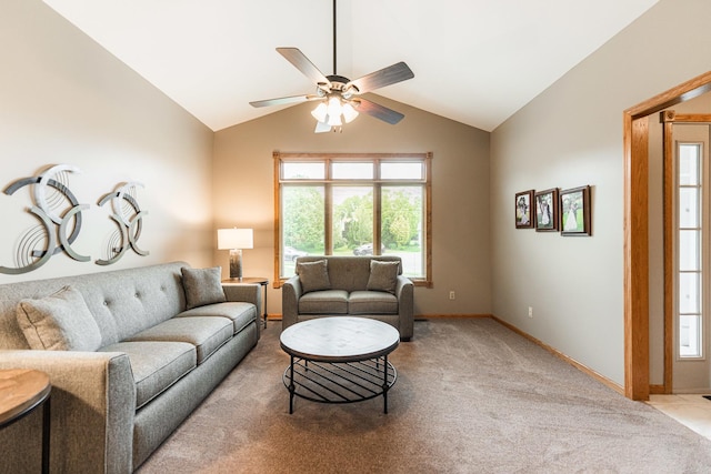 1132 Swanberg Ct, Sycamore, IL 60178 - living area featuring light colored carpet, ceiling fan, and vaulted ceiling