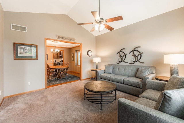 1132 Swanberg Ct, Sycamore, IL 60178 - carpeted living room featuring a chandelier, high vaulted ceiling, and ceiling fan