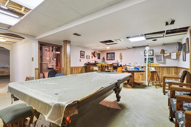 17257 W Rich Ct, Elwood, IL 60421 - game room featuring billiards, unfinished concrete floors, wainscoting, wooden walls, and a paneled ceiling