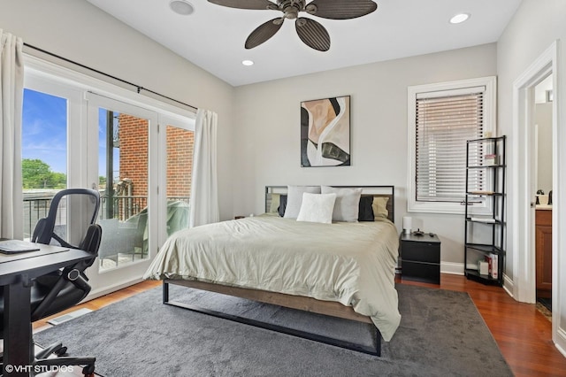 2438 N Clybourn Ave Unit 2, Chicago, IL 60614 - bedroom featuring access to exterior, dark wood-type flooring, recessed lighting, and a ceiling fan