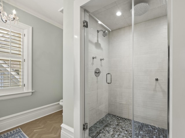 239 7th Ave, La Grange, IL 60525 - full bathroom with a stall shower, recessed lighting, and crown molding