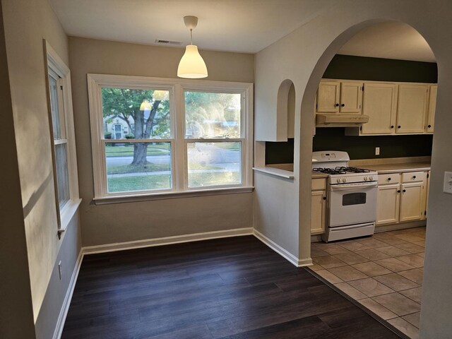 623 Westmoreland Ave, Waukegan, IL 60085 - kitchen with gas range gas stove, under cabinet range hood, hanging light fixtures, light countertops, and dark wood-type flooring