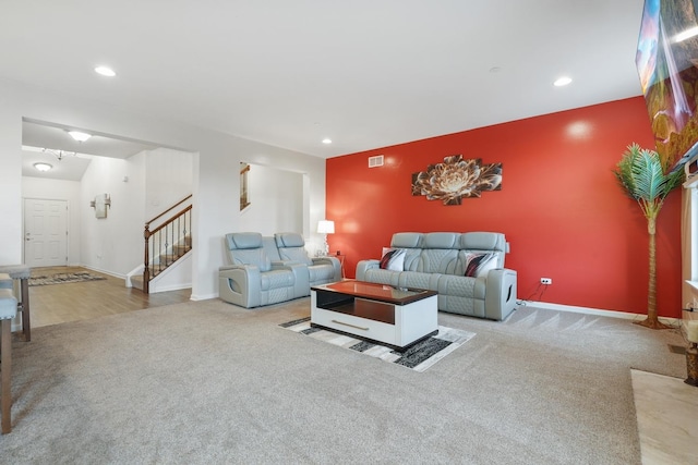 72 Kenneth Ave, Matteson, IL 60443 - living area featuring carpet flooring, stairs, and recessed lighting