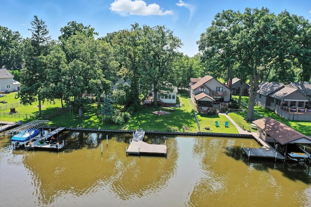 1803 N Woodlawn Park Ave, Mchenry, IL 60051 - dock featuring a water view, a residential view, view of scattered trees, and a lawn