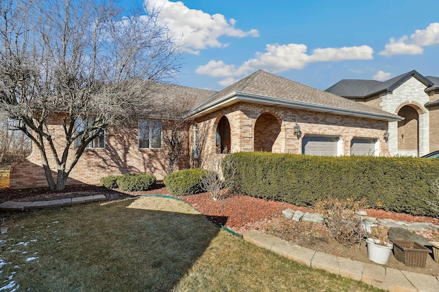 5932 W 75th Pl, Burbank, IL 60459 - view of front of property with brick siding, a garage, roof with shingles, and a front lawn