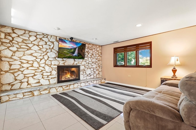7340 Mimosa Dr, Orland Park, IL 60462 - tiled living room with a stone fireplace and recessed lighting