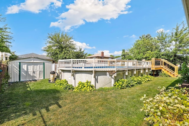 7340 Mimosa Dr, Orland Park, IL 60462 - outdoor pool with a storage shed, a yard, a wooden deck, and stairway