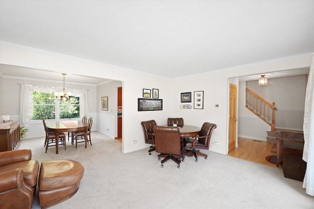 428 Linsey Ave, Schaumburg, IL 60194 - dining area with a chandelier, ornamental molding, stairs, and carpet flooring