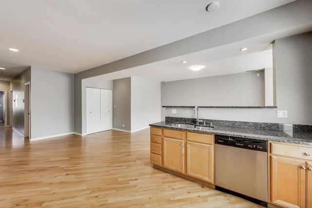 4653 N Lawndale Ave Unit 2S, Chicago, IL 60625 - kitchen with dishwasher, light wood-style flooring, dark stone countertops, and recessed lighting