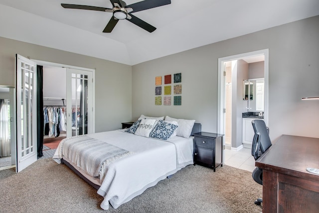 1818 Olde Mill Rd, Plainfield, IL 60586 - bedroom with light colored carpet, ceiling fan, connected bathroom, and a walk in closet