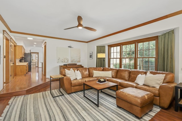 1091 Danforth Dr, Batavia, IL 60510 - living area with light wood finished floors, ceiling fan, and ornamental molding