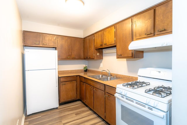 2537 Thatcher Ave Unit 3E, River Grove, IL 60171 - kitchen featuring white appliances, under cabinet range hood, brown cabinetry, light wood-style floors, and light countertops