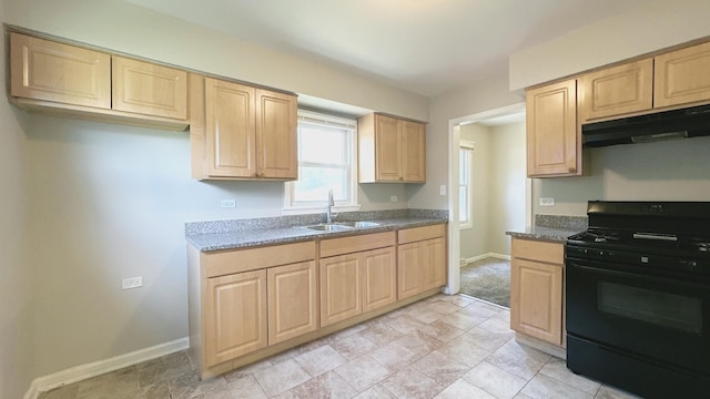 17303 Roy St, Lansing, IL 60438 - kitchen with black stove, under cabinet range hood, and light brown cabinets