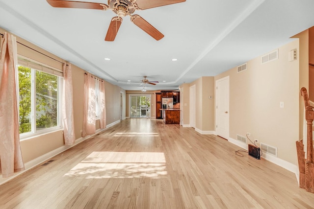 6120 W 98th St, Oak Lawn, IL 60453 - unfurnished living room with light wood finished floors, ceiling fan, and recessed lighting