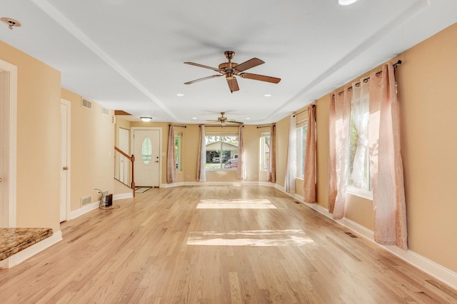 6120 W 98th St, Oak Lawn, IL 60453 - unfurnished living room with a ceiling fan, stairs, light wood-style flooring, and recessed lighting