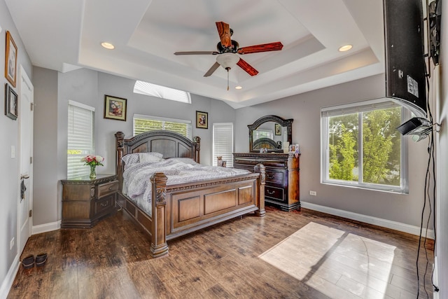 6120 W 98th St, Oak Lawn, IL 60453 - bedroom featuring a raised ceiling, dark wood-type flooring, recessed lighting, and ceiling fan