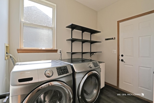 1305 Lilac Ln, Harvard, IL 60033 - laundry room featuring washer and dryer and dark wood-type flooring
