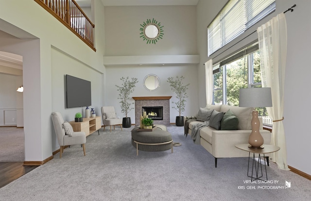1305 Lilac Ln, Harvard, IL 60033 - living room with carpet flooring, a high ceiling, and a fireplace