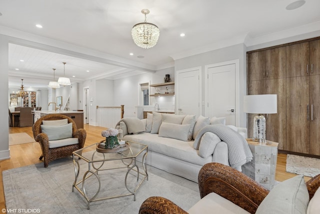 823 W George St Unit 1, Chicago, IL 60657 - living room with a chandelier, light wood-type flooring, recessed lighting, and ornamental molding