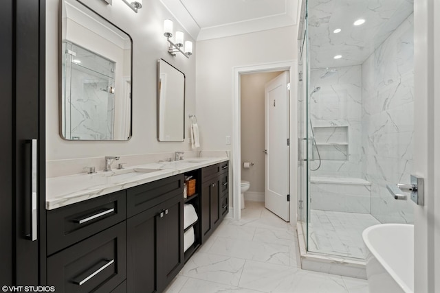823 W George St Unit 1, Chicago, IL 60657 - bathroom with marble look tile flooring, a marble finish shower, double vanity, a soaking tub, and crown molding
