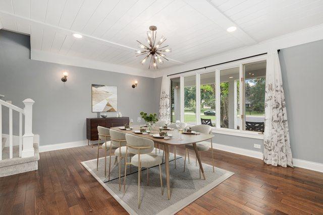 22W672 Elmwood Dr, Glen Ellyn, IL 60137 - dining area featuring wood-type flooring, wood ceiling, a chandelier, and recessed lighting