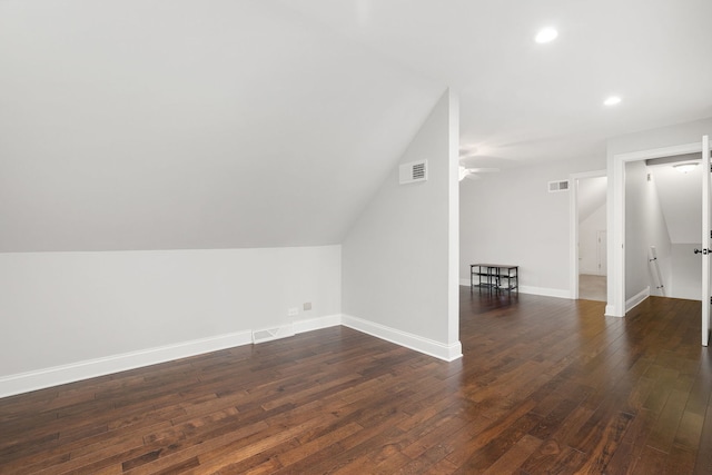 22W672 Elmwood Dr, Glen Ellyn, IL 60137 - bonus room featuring dark wood-style floors, recessed lighting, ceiling fan, and lofted ceiling