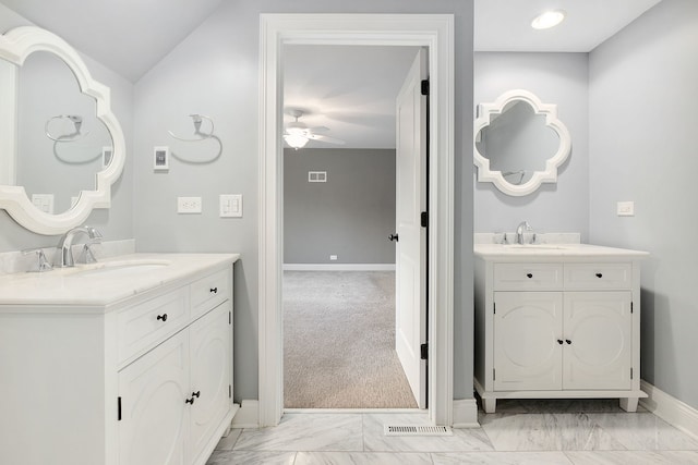 22W672 Elmwood Dr, Glen Ellyn, IL 60137 - full bath with marble finish flooring, two vanities, and ceiling fan