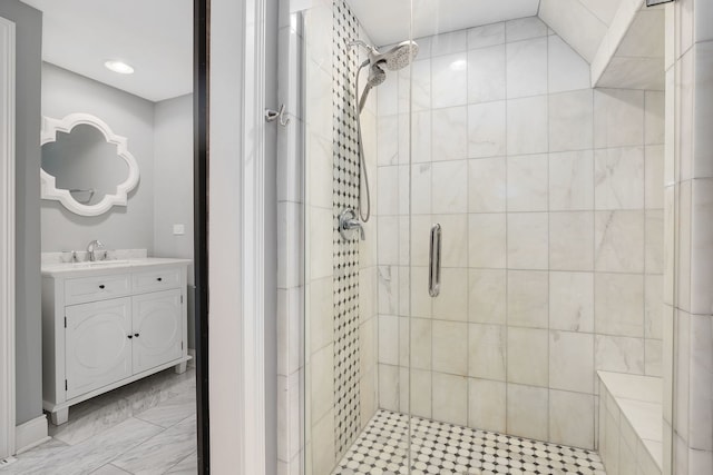 22W672 Elmwood Dr, Glen Ellyn, IL 60137 - bathroom with a shower stall, vanity, marble finish flooring, and recessed lighting