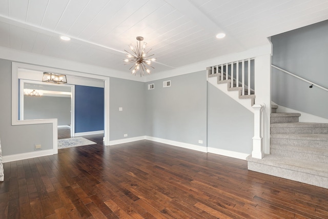 22W672 Elmwood Dr, Glen Ellyn, IL 60137 - unfurnished living room featuring a chandelier, stairs, wood-type flooring, wood ceiling, and ornamental molding