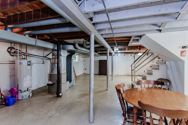 3628 N Oconto Ave, Chicago, IL 60634 - basement featuring gas water heater, stairway, and heating unit