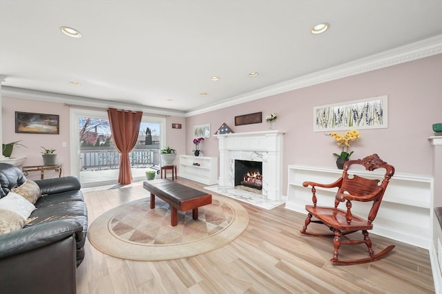 905 W Palm Dr, Mount Prospect, IL 60056 - living area with a premium fireplace, ornamental molding, recessed lighting, and wood finished floors