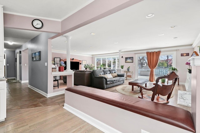 905 W Palm Dr, Mount Prospect, IL 60056 - living area featuring decorative columns, crown molding, recessed lighting, and wood finished floors