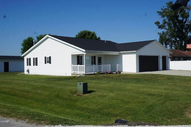 ranch-style house with an attached garage, driveway, a shingled roof, and covered porch