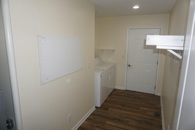 laundry area featuring washing machine and dryer, dark wood finished floors, and recessed lighting