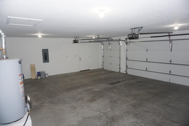 garage with gas water heater, electric panel, and a garage door opener