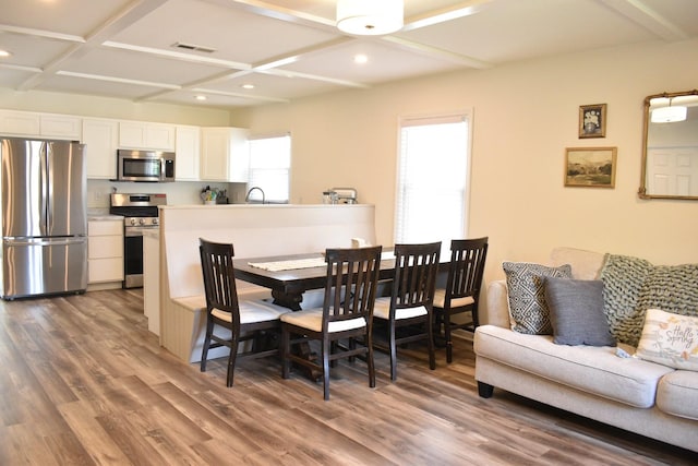 631 Central Ave, Joliet, IL 60436 - dining room featuring coffered ceiling, wood finished floors, recessed lighting, beamed ceiling, and a ceiling fan
