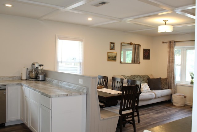 631 Central Ave, Joliet, IL 60436 - dining area with coffered ceiling, dark wood-style floors, recessed lighting, and beamed ceiling