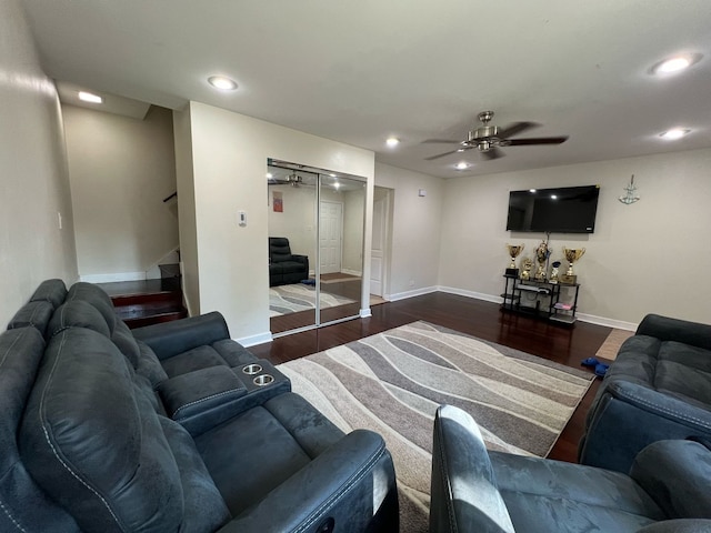 1S215 Stratford Ln, Villa Park, IL 60181 - living room with wood finished floors, stairway, a ceiling fan, and recessed lighting