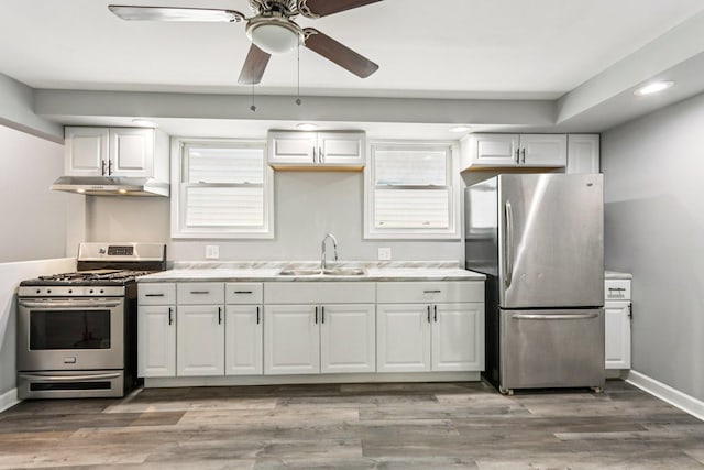 9720 S Exchange Ave, Chicago, IL 60617 - kitchen featuring stainless steel appliances, under cabinet range hood, ceiling fan, white cabinets, and light countertops