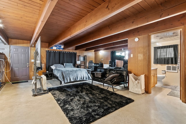 330 S Rosedale Ave, Aurora, IL 60506 - bedroom featuring wooden walls, a wooden ceiling with exposed beams, and connected bathroom