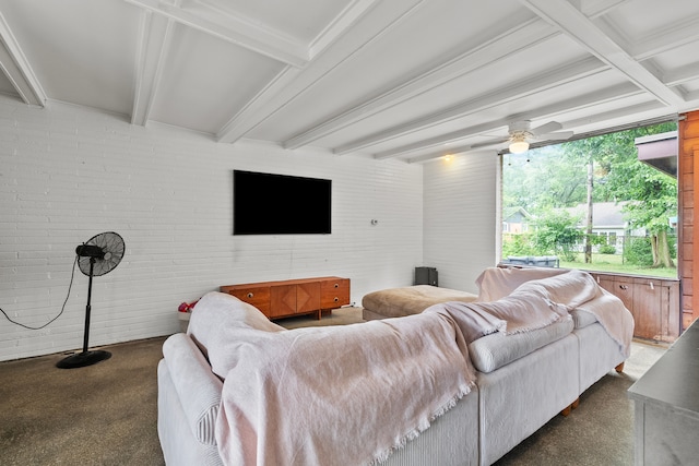 330 S Rosedale Ave, Aurora, IL 60506 - living room with beamed ceiling, a ceiling fan, brick wall, and dark colored carpet