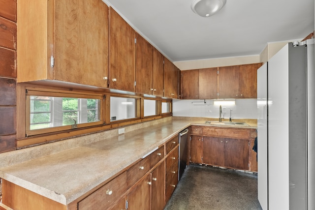 330 S Rosedale Ave, Aurora, IL 60506 - kitchen with freestanding refrigerator, light countertops, brown cabinetry, dishwasher, and decorative backsplash
